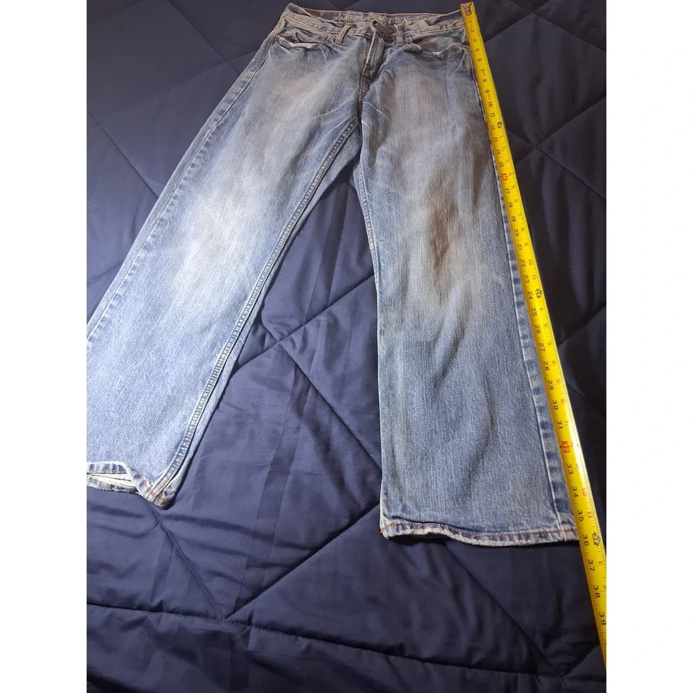 American Eagle Mens Bootcut Jeans 28x28 Light Wash Distressed Cotton Blue Denim